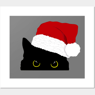 Peeking black kitty with Santa hat Posters and Art